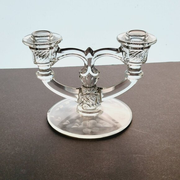 Vintage Indiana Glass Double Candle Holder, Elegant Etched Floral, c.1939-47 USA - Picture 2 of 10
